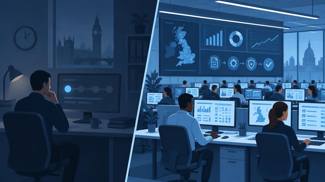 A single pilot-stage dashboard on one side and a fully resourced claims operations floor on the other