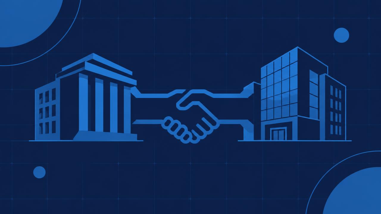 Illustration of a law firm building and a software company building joined by a handshake, symbolising a development partnership